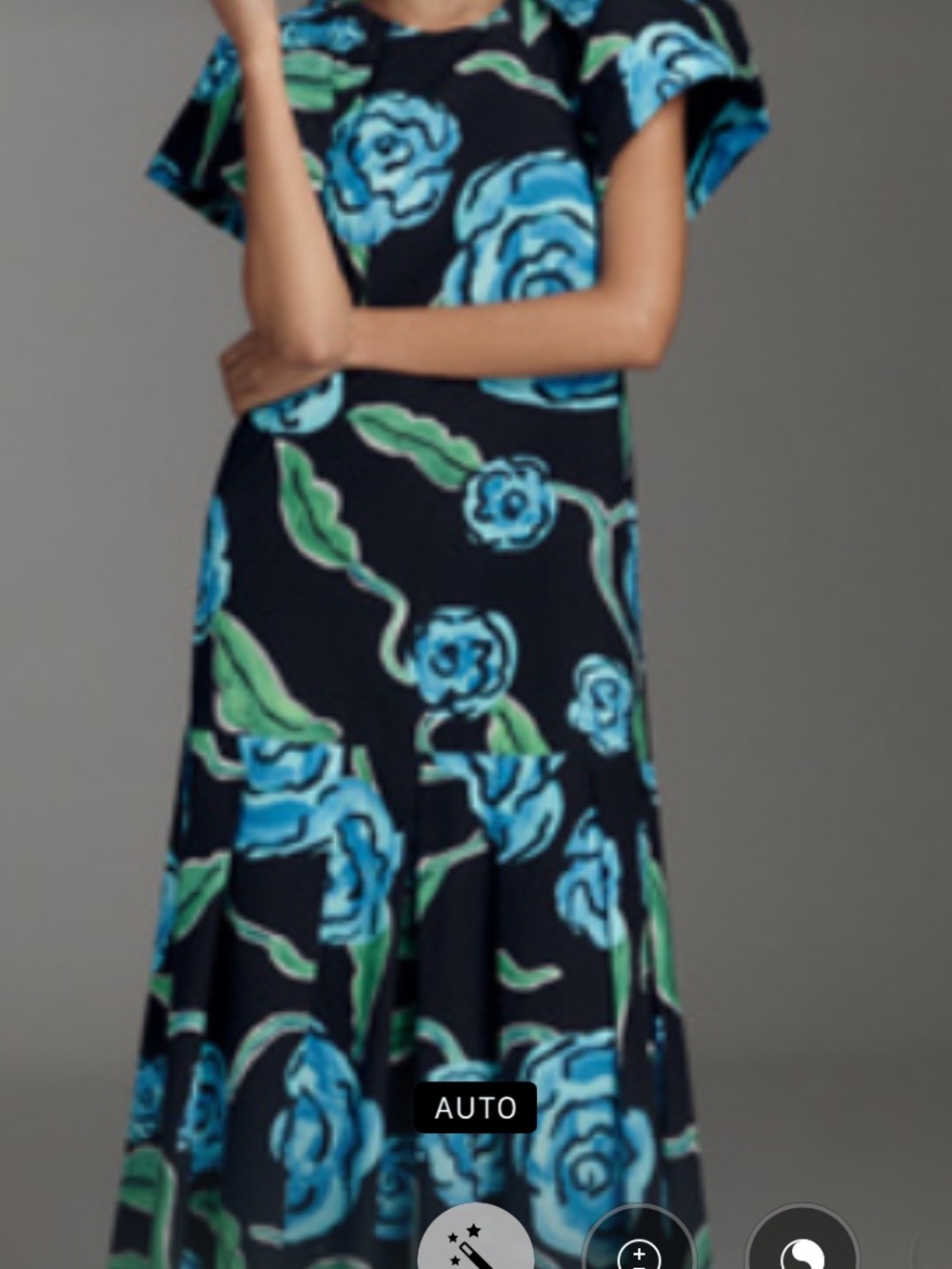 Anthropology  De Loreta Floral A-Line Dress in Black with Blue & Green Print